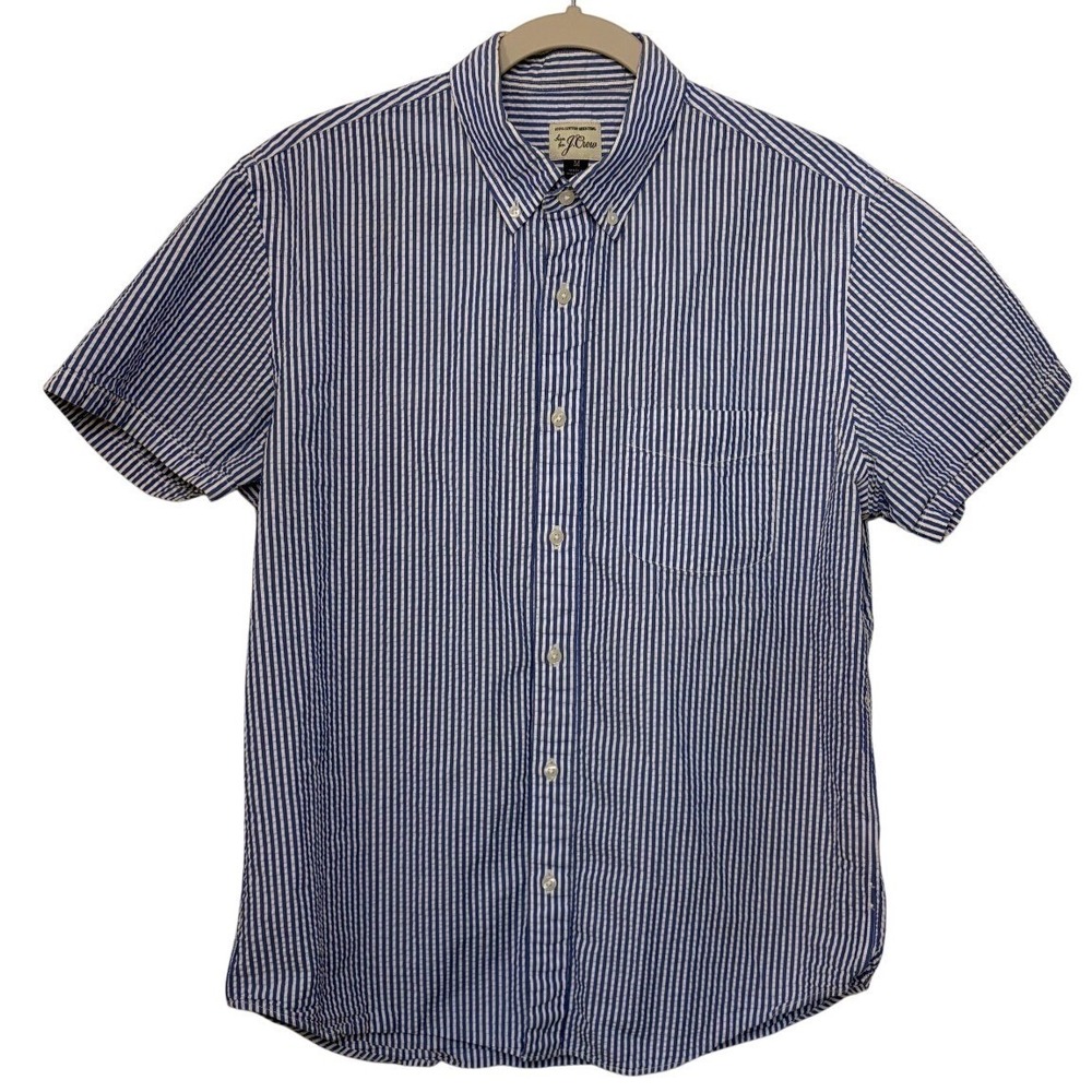 J. Crew Mens Seersucker Short Sleeve Button Down Shirt Blue White Stripe Medium